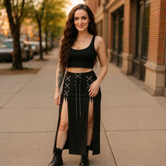 Oh Yes Lace-Up Slit Skirt W/ High Waist & Gothic Streetwear Edge – NWT M - Picture 2 of 8